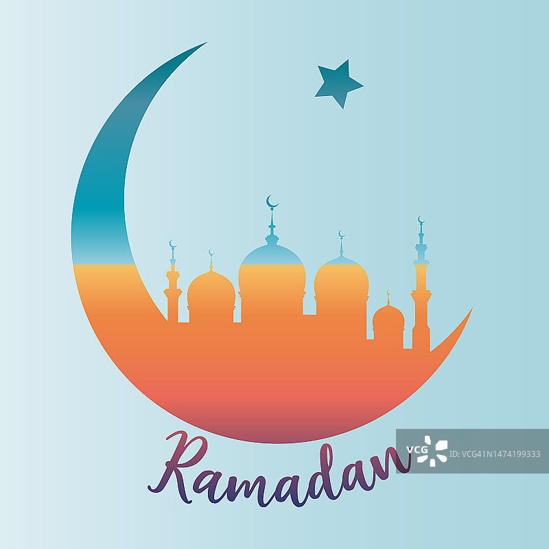 斋月概念新月形与阿拉伯伊斯兰清真寺的穆斯林社区节日庆祝圣月，矢量彩色剪影孤立在蓝色背景图片素材