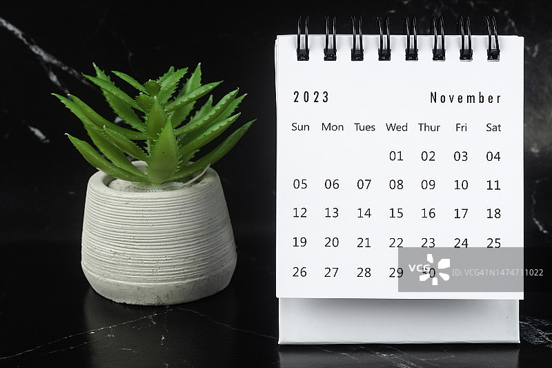 日历桌2023:11月是组织者计划和截止日期的月份，在黑色纸张背景下放置室内植物。图片素材