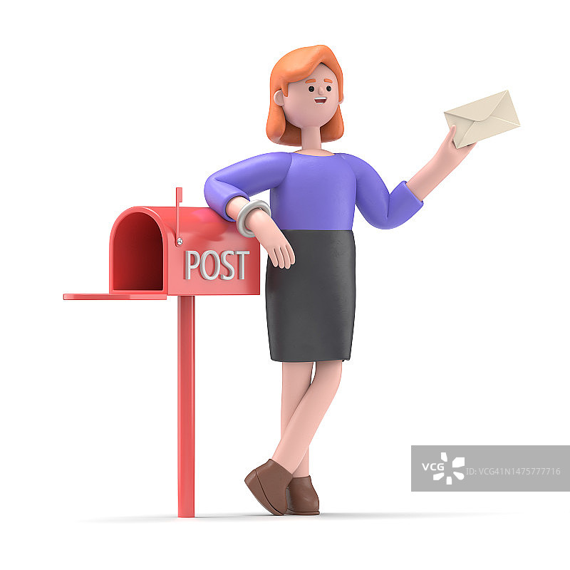 微笑的欧洲女商人艾伦收到一封重要的信。站在邮箱旁边，拿着一个信封。白色背景上的3D渲染。图片素材