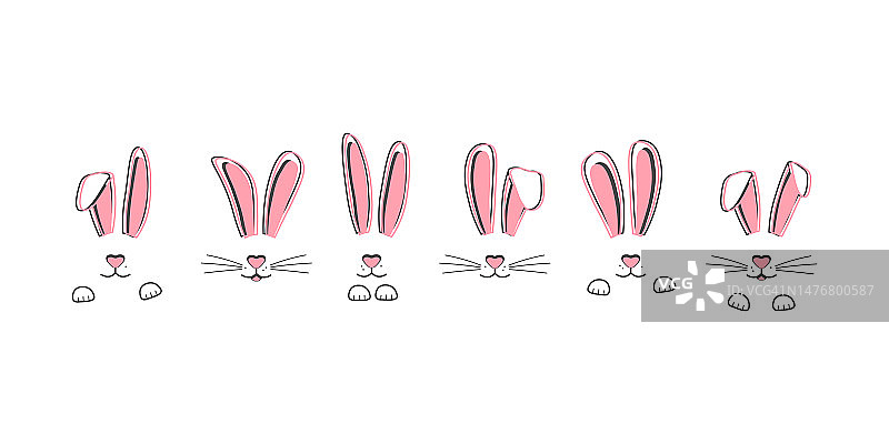 兔子脸，复活节兔子，有耳朵，爪子，胡须。涂鸦兔，可爱的字符矢量图标集。动物手绘插图图片素材