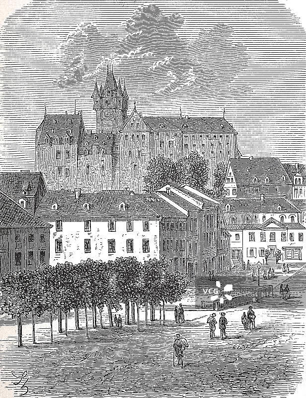 1880年，德国莱茵兰-普法尔茨的Diez市场，一幅19世纪原始画作的历史数字修复复制品，确切的原始日期未知图片素材