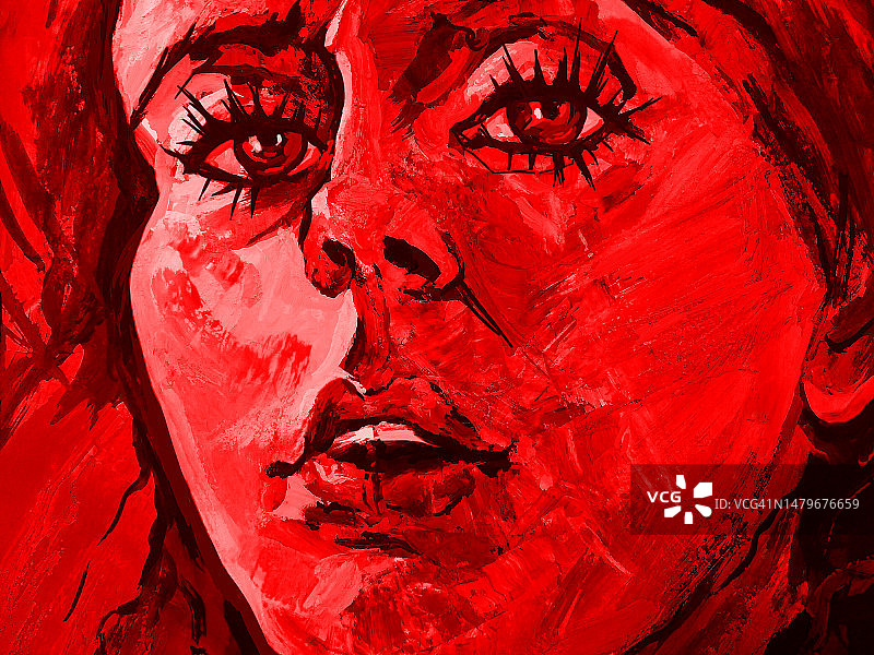 插图肖像的年轻女子油画红色色调图片素材