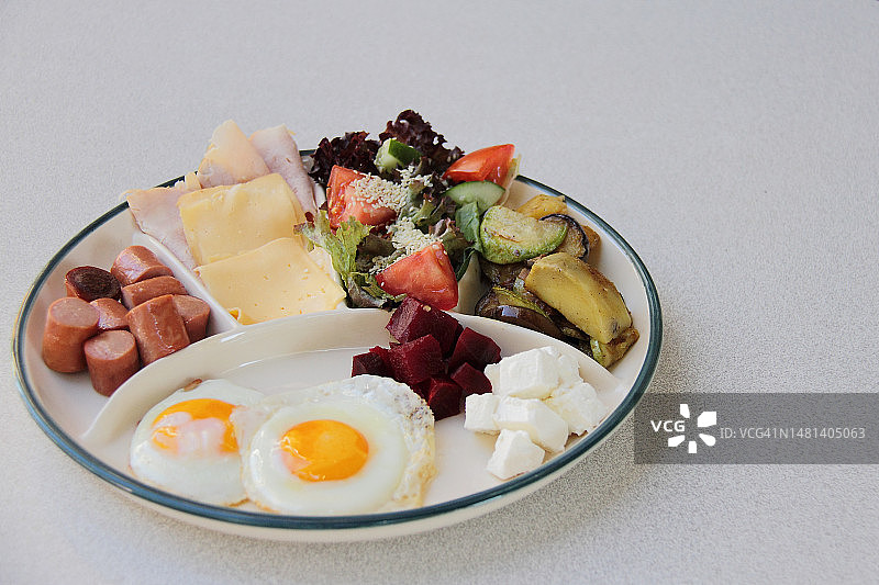 早餐:鸡蛋、香肠、奶酪和蔬菜，罗马尼亚图片素材