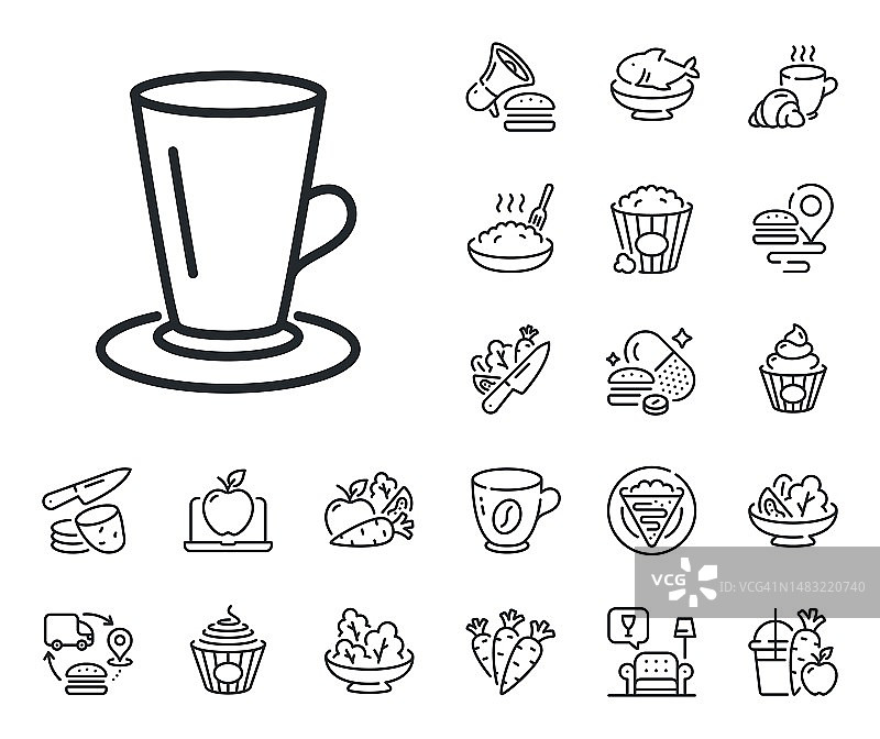 杯茶线图标。新鲜饮料标志。可丽饼、甜爆米花和沙拉。向量图片素材