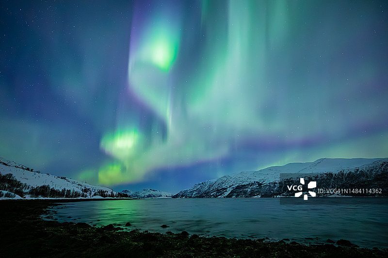 挪威海岸上空令人难以置信的北极光活动图片素材