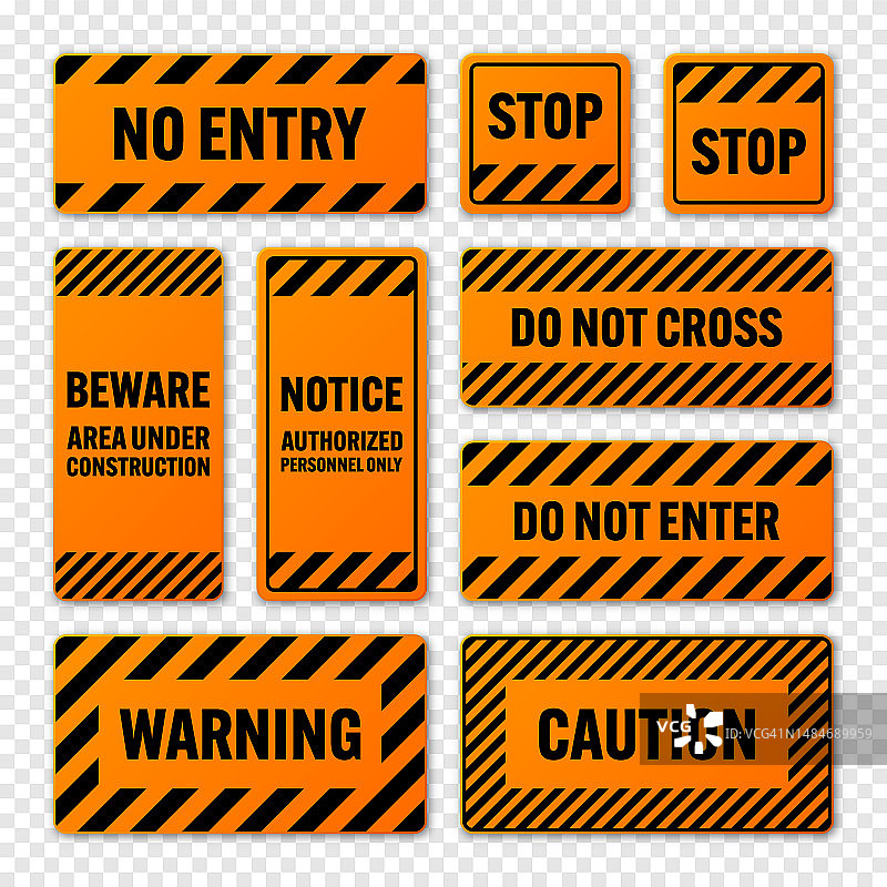 各种黑色和橙色的对角线警告标志。注意、危险或警告标志、施工现场标志。实事告示牌、警示牌、路牌。矢量图图片素材