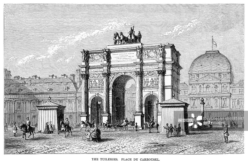 杜伊勒里宫，巴黎皇家和皇家宫殿的古老雕刻插图-卡鲁塞尔广场(凯旋门)图片素材