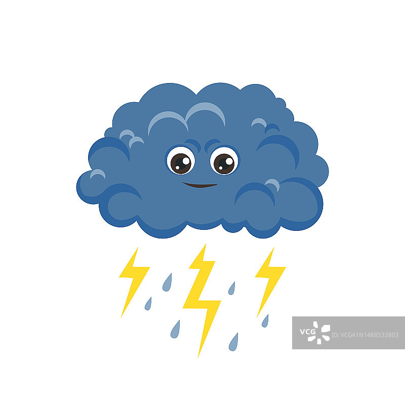 有雨和闪电的乌云。可爱的卡通天气图标。图片素材