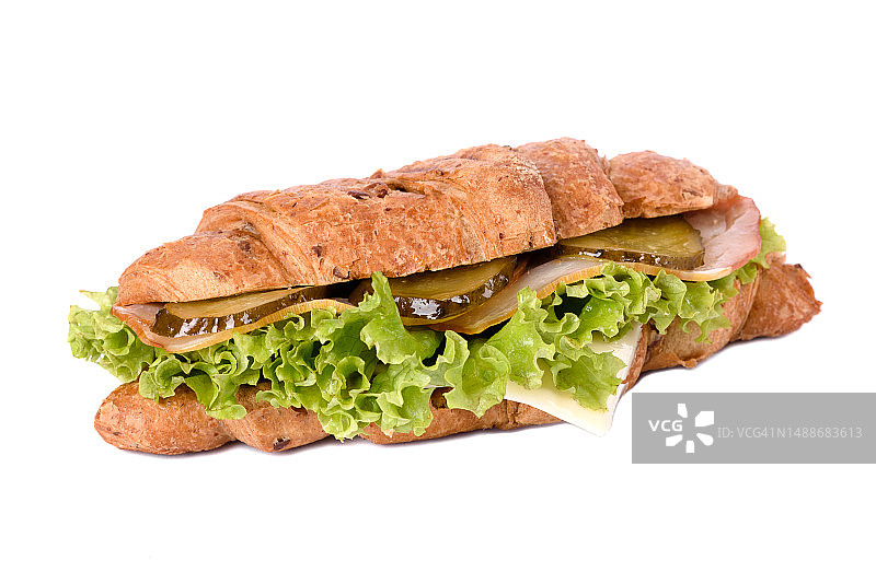 美味的羊角面包三明治，火腿和奶酪孤立在白色，罗马尼亚图片素材