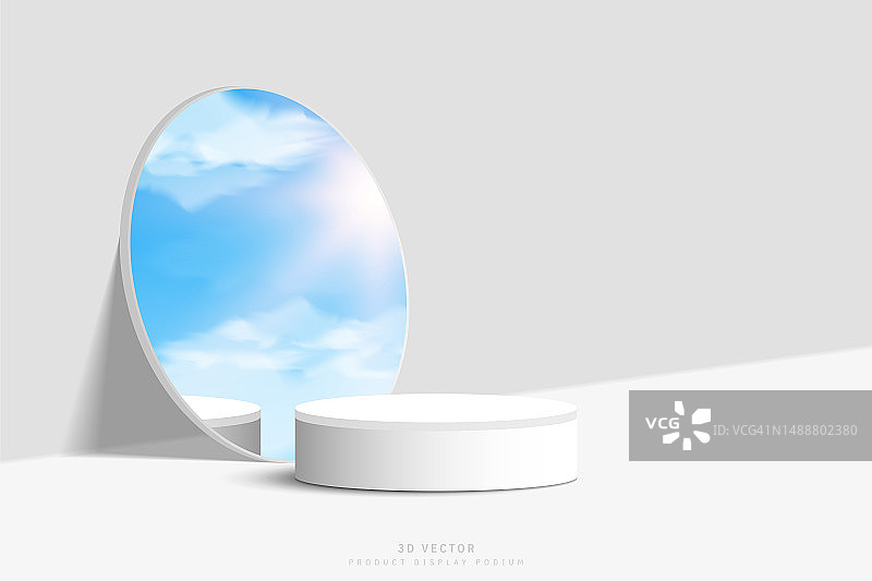 三维白灰色平台显示。圆柱底座或舞台展示云，天空和太阳在圆形镜面玻璃靠在墙上。户外场景设计模型或产品展示。图片素材