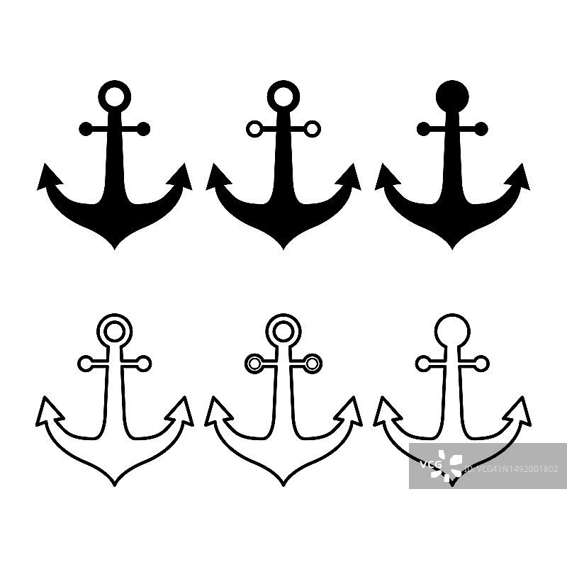 集锚海洋旧图标，船舶安全对象元素，矢量插图设计网站图片素材