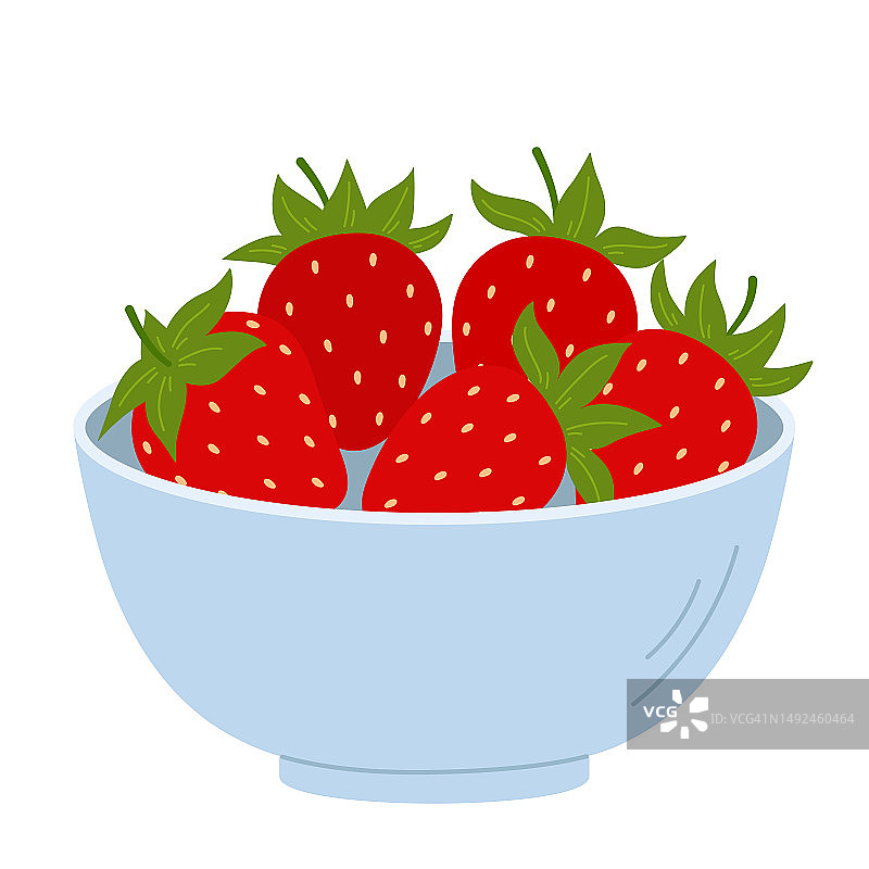 碗里的草莓。熟红浆果深盘。平面卡通矢量插图孤立在一个白色的背景。图片素材
