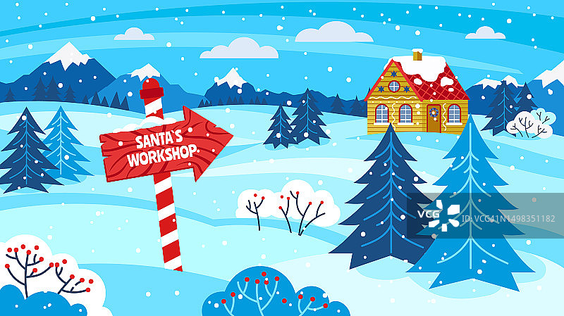 Santa_s车间。北极圣诞住所，精灵村卡片为冬季假期卡通矢量插图图片素材