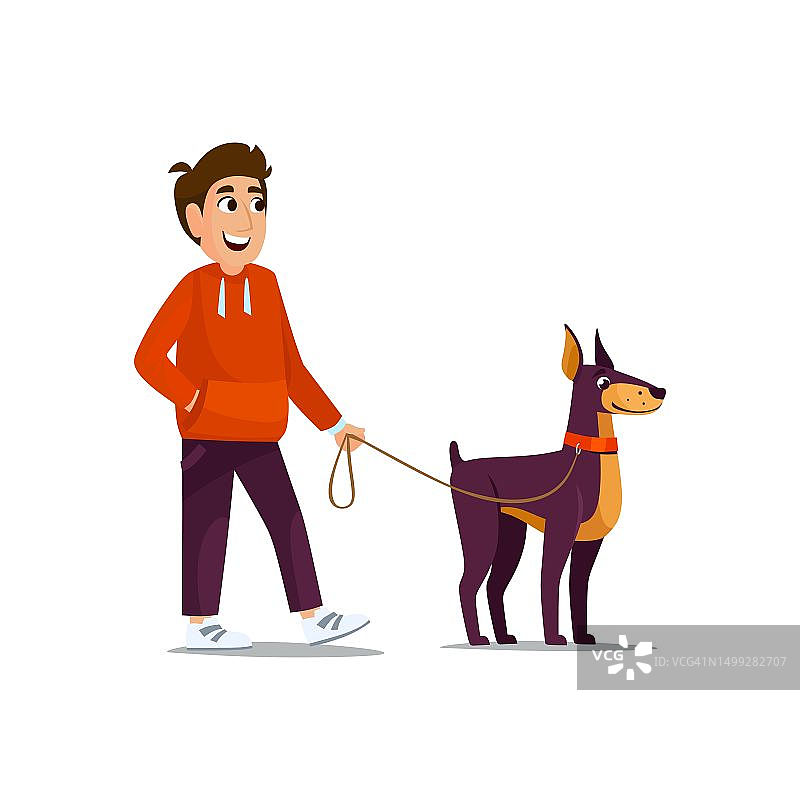 一个男孩牵着狗绳遛着一只杜宾犬的图标，背景是白色的图片素材
