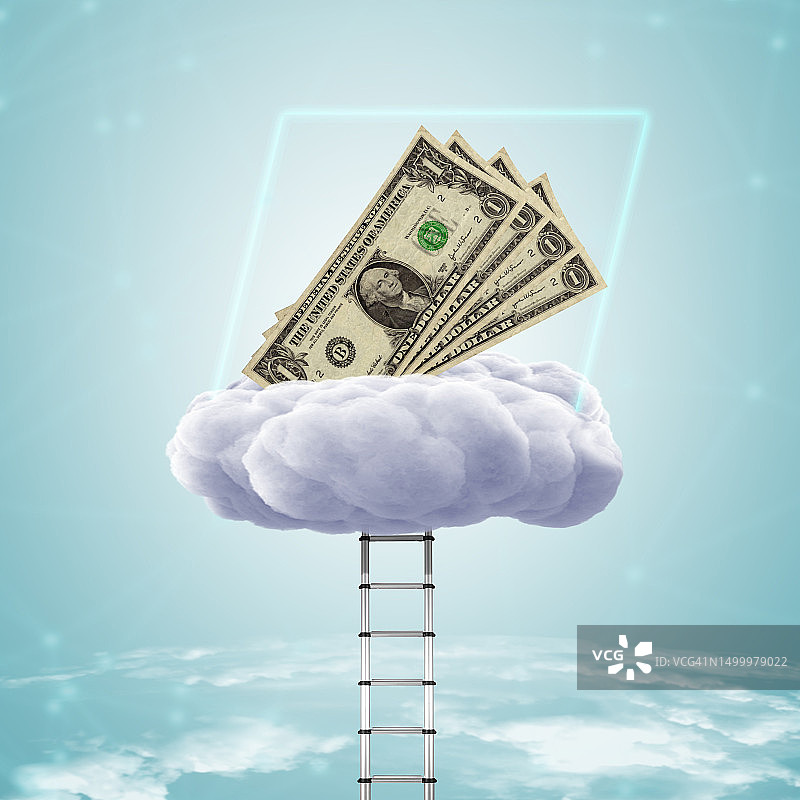 一朵云，一个梯子和一叠一美元的钞票图片素材