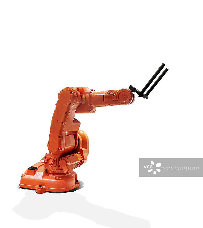 机器人手臂。白色背景上，工业机械手，现代工业技术。图片素材