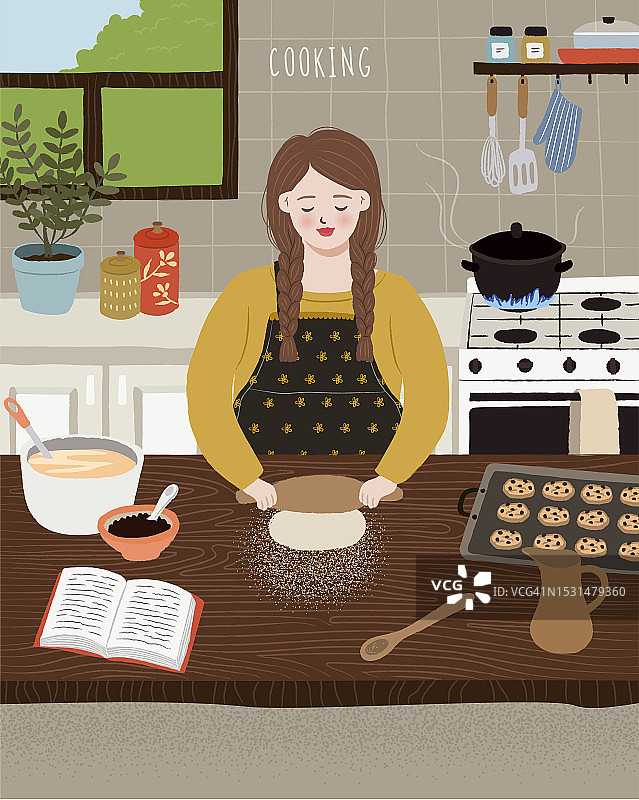快乐的女人在家做饭。微笑的女性角色。在木桌上揉面。烘烤饼干。碗，自制食物，晚餐，舒适的厨房。手绘风格。平面矢量插图。图片素材