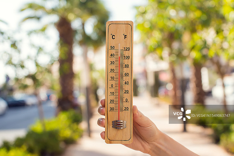 炎热的天气。热浪中，在有树和棕榈树的街道前，手拿温度计。高温概念图片素材