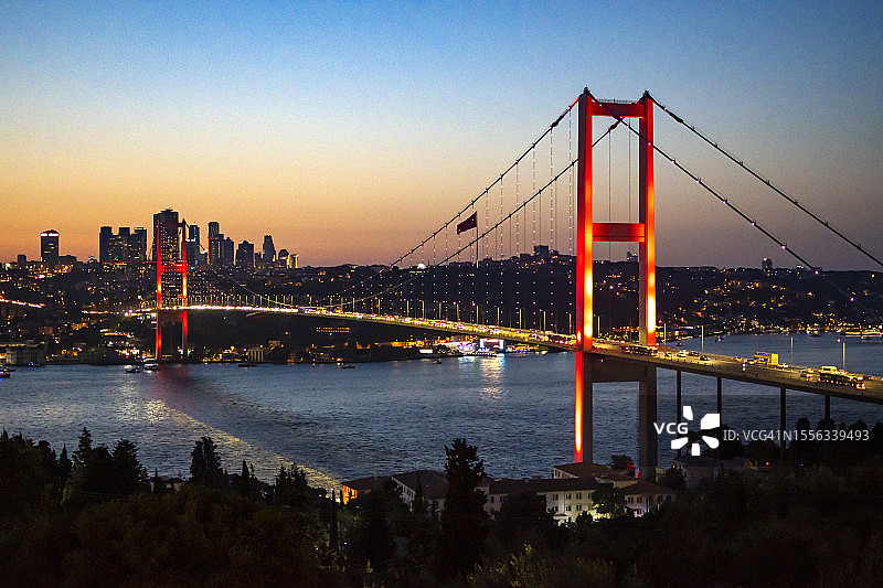伊斯坦布尔博斯普鲁斯海峡之夜，日落时分的博斯普鲁斯大桥图片素材