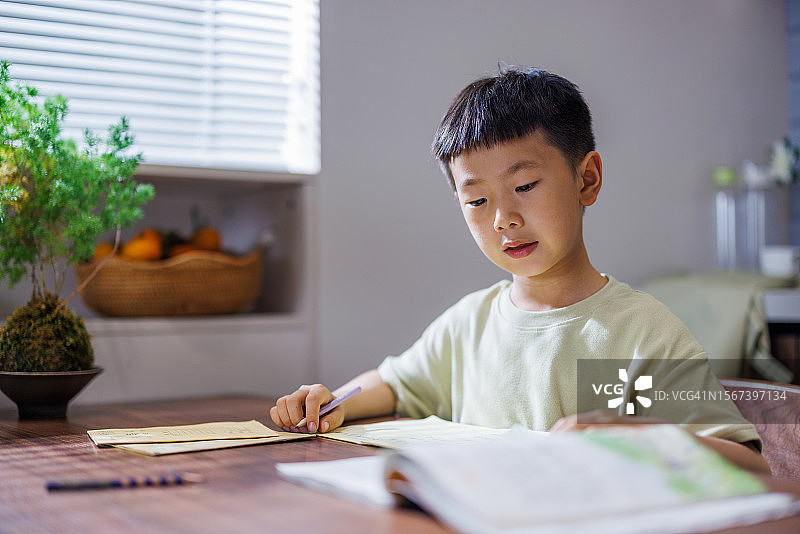 亚洲小男孩做作业的特写图片素材
