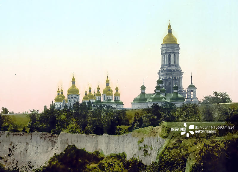 La Lavra，基辅，俄罗斯，乌克兰，约1890年，历史上，数字增强复制的一个时期的光变色印刷图片素材