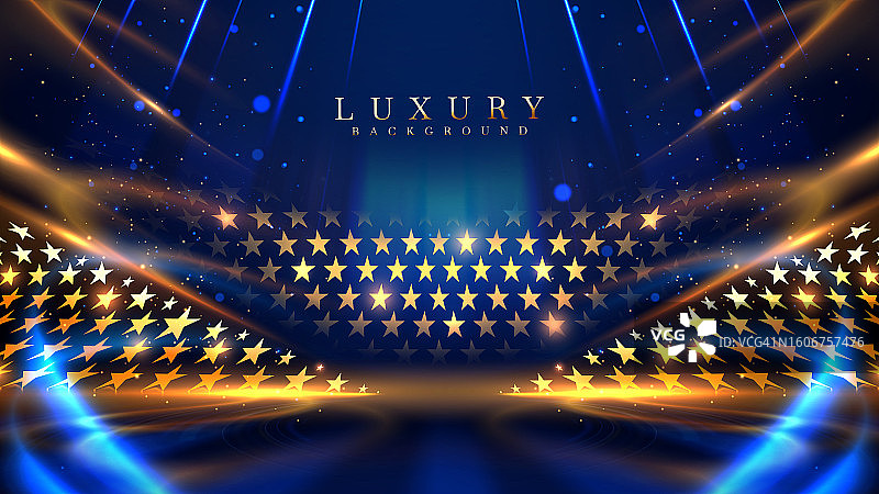 星星舞台与蓝色的光效果元素和金色与散景装饰在黑暗的场景。奢华风格背景。颁奖典礼设计概念。图片素材