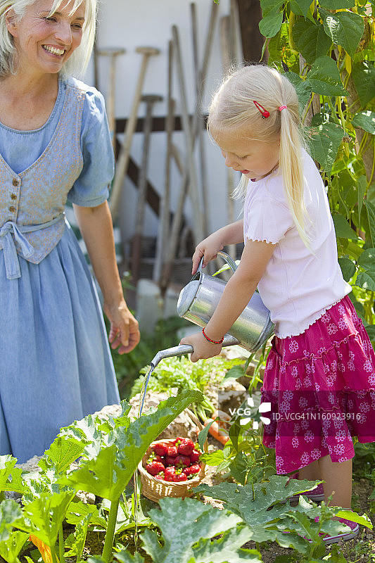 德国，巴伐利亚，成熟的女人和女孩在园艺照顾植物图片素材