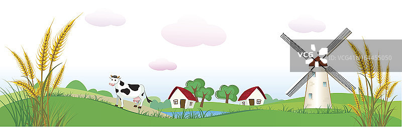 农业背景与房屋，奶牛和小麦图片素材
