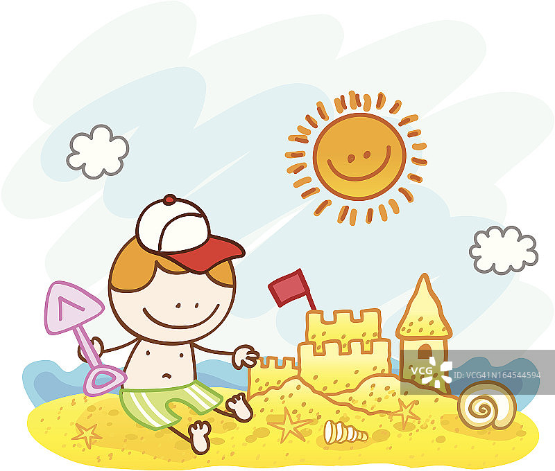 快乐可爱的小男孩和沙滩城堡的卡通插图图片素材