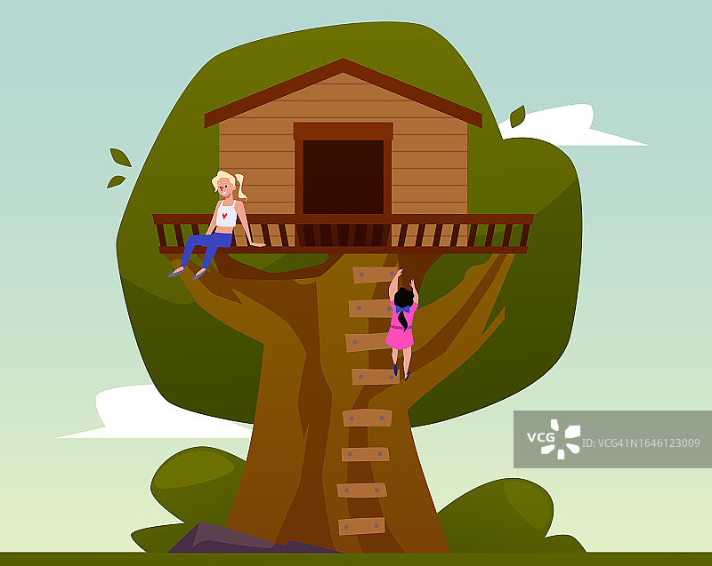 女孩们玩得开心，爬树屋用梯子，矢量隔离儿童游戏夏令营树，天空景观图片素材
