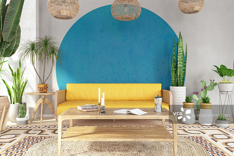 家庭室内模拟墙与沙发，绿色植物和木桌图片素材