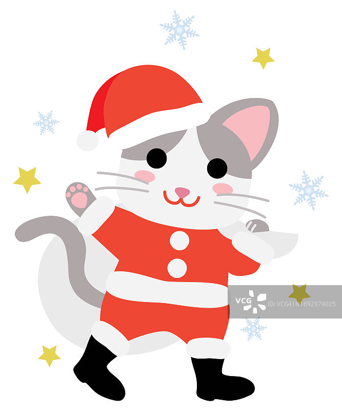 可爱的卡通猫穿着圣诞老人的衣服。图片素材