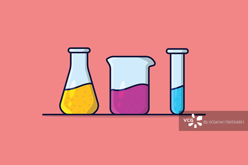 杯玻璃杯设置与化学液体矢量插图。医学实验室对象图标概念。粉红色背景阴影的化学测试收集向量设计设备。图片素材