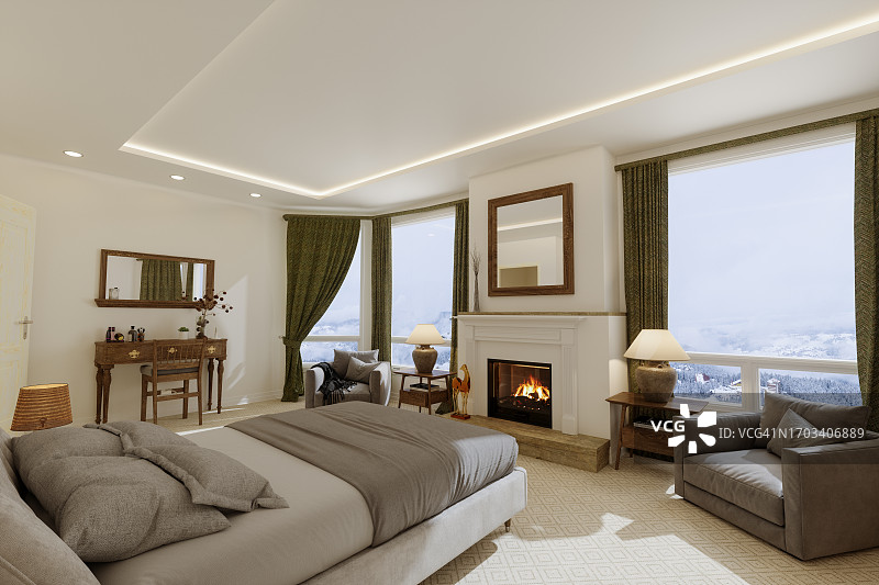 现代卧室内部与双人床，壁炉和扶手椅在一个小木屋图片素材
