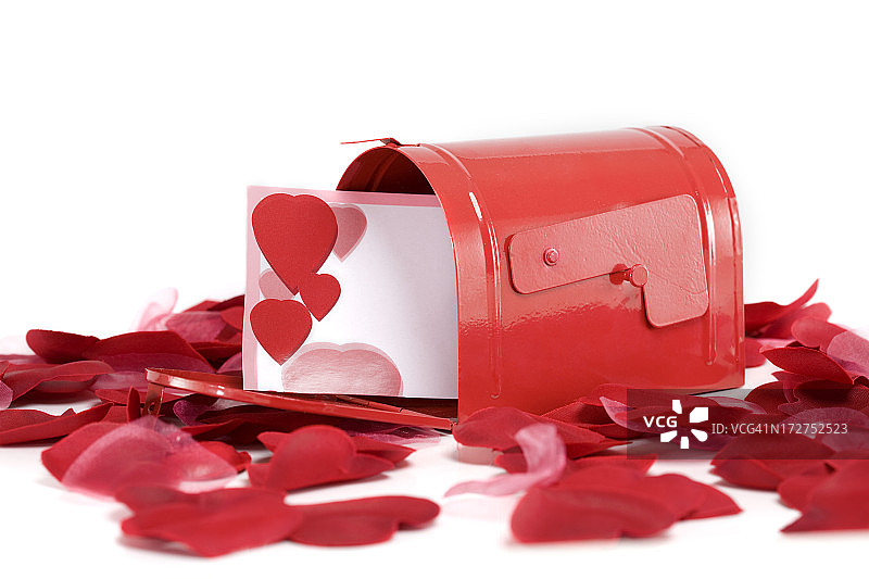 空白情人卡在红色信箱与玫瑰花瓣，Copyspace图片素材