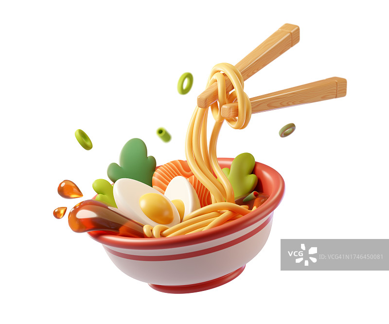3D亚洲食品。一碗传统的面条汤，鸡蛋、鲑鱼和绿色被隔离在白色的背景上。面条挂在筷子上。拉面，乌冬面，荞麦面，冬阴凉汤。三维渲染图图片素材