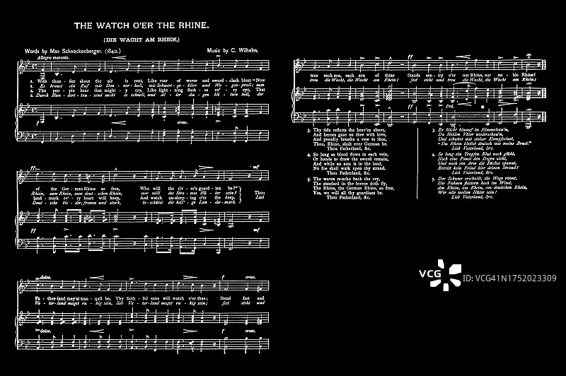 德国爱国歌曲《莱茵河上的守望》(Die Wacht am Rhein)的乐谱和歌词的旧雕刻插图，歌曲的起源源于法德历史上的敌意图片素材