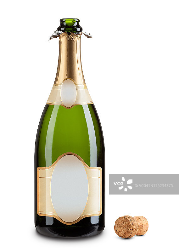 独立的香槟瓶与空白普通黄金标签和软木塞图片素材