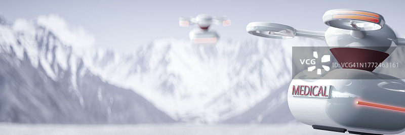 医疗无人机在雪山上运送物资3d渲染图片素材