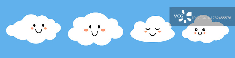 矢量集白色微笑的云与脸在蓝色的背景。可爱有趣的婴儿云收集在平面设计。幼稚的元素。图片素材