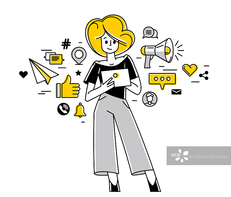 社交媒体影响者在工作矢量大纲插图，在线营销工作者，在社交媒体工作的经理，支持服务。图片素材