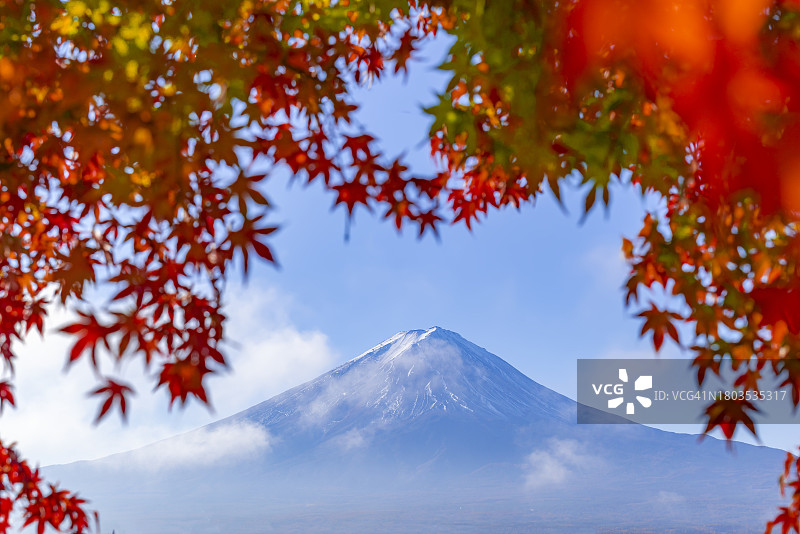 日本川口湖，富士山和秋天的晨雾红枫图片素材