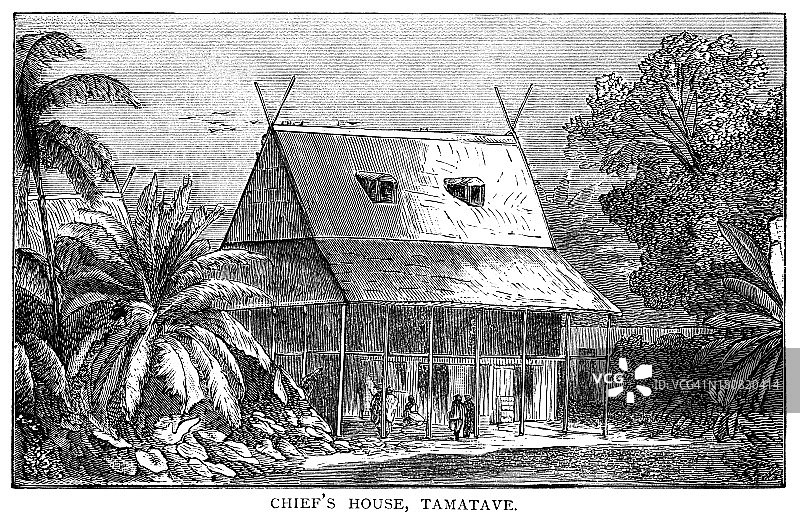 酋长的房子，塔马塔夫，马达加斯加-维多利亚时代的雕刻图片素材
