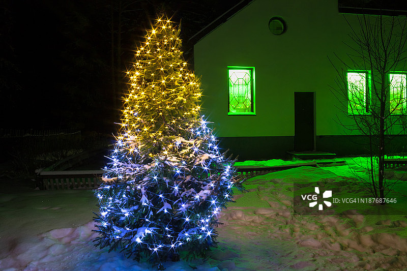圣诞树之夜灯火通明图片素材