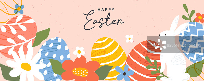 复活节快乐的横幅。时髦的现代复活节设计，手绘彩蛋和春天的花朵，兔子。水平海报，贺卡，网页标题。图片素材