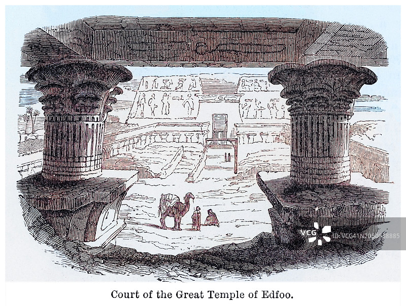 古埃及建筑的古老雕刻插图，埃德福神庙的庭院——位于埃及上埃及埃德福尼罗河西岸的埃及神庙(托勒密时期)。图片素材