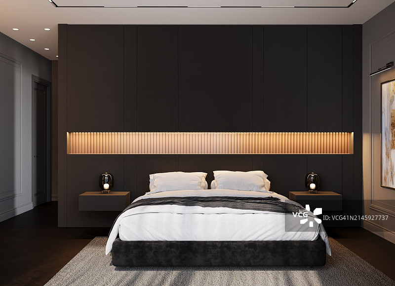 现代舒适的卧室室内设计。3D渲染。图片素材