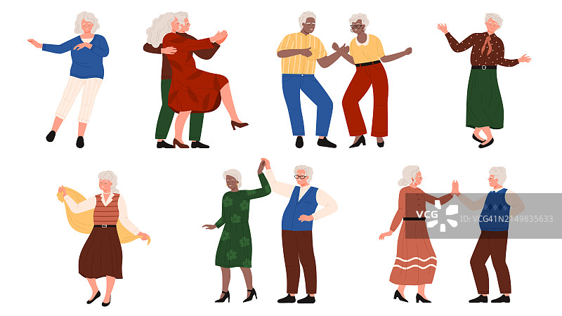 快乐的老人独自或成双地跳舞，老年舞者随着复古音乐起舞图片素材