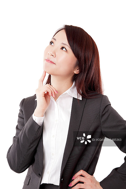 美丽的中国女商人思考手指在下巴白色的背景图片素材