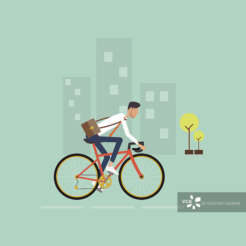 商人骑自行车去城市上班。节能图片素材